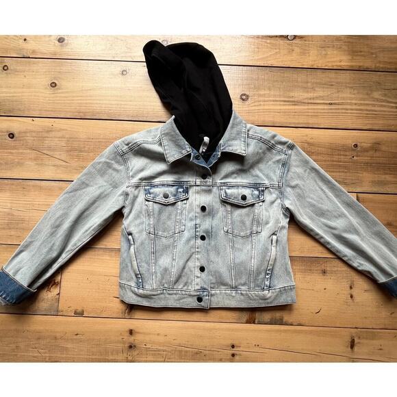 Athleta Double Time Denim Jacket Hooded Vest Combo Womens Sz S Acid Wash/Black - Picture 2 of 9